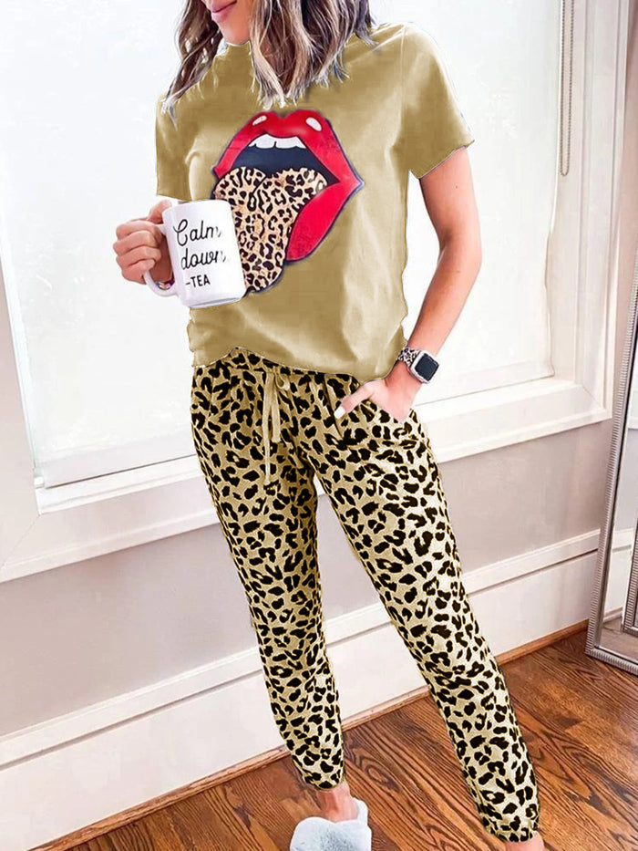Casual Loose T-Shirt Pants Leopard Print Suit