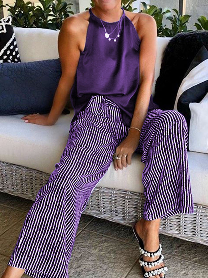 Casual Loose Top Striped Pants Set
