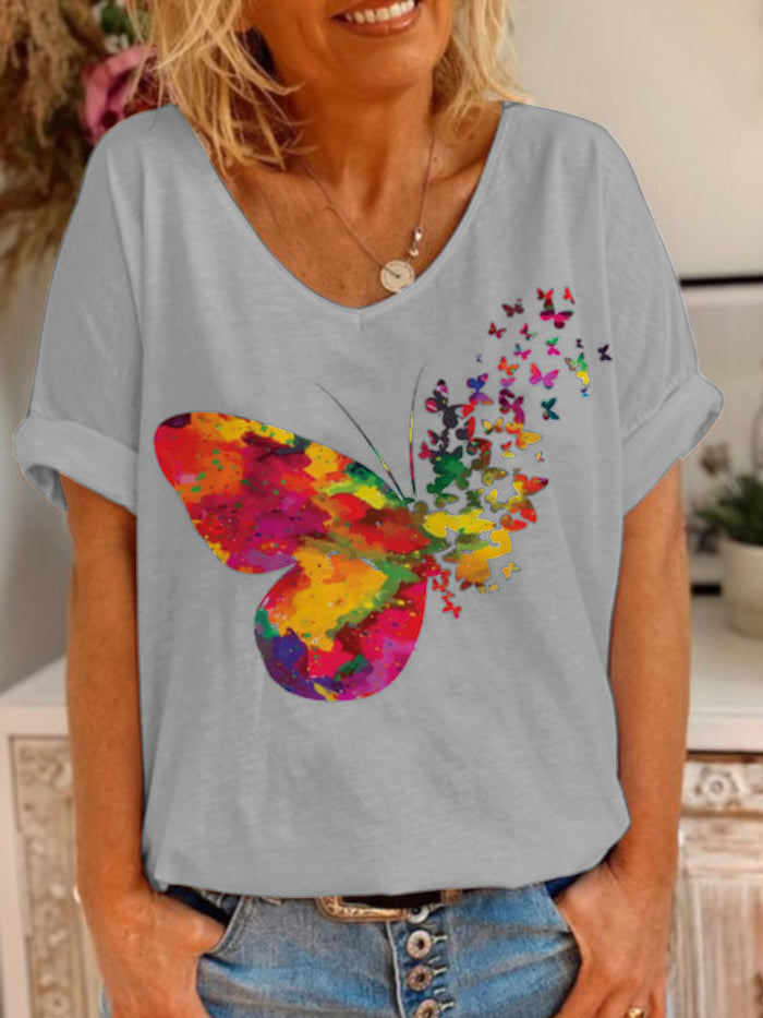 Casual Loose V-Neck Butterfly T-Shirt Top
