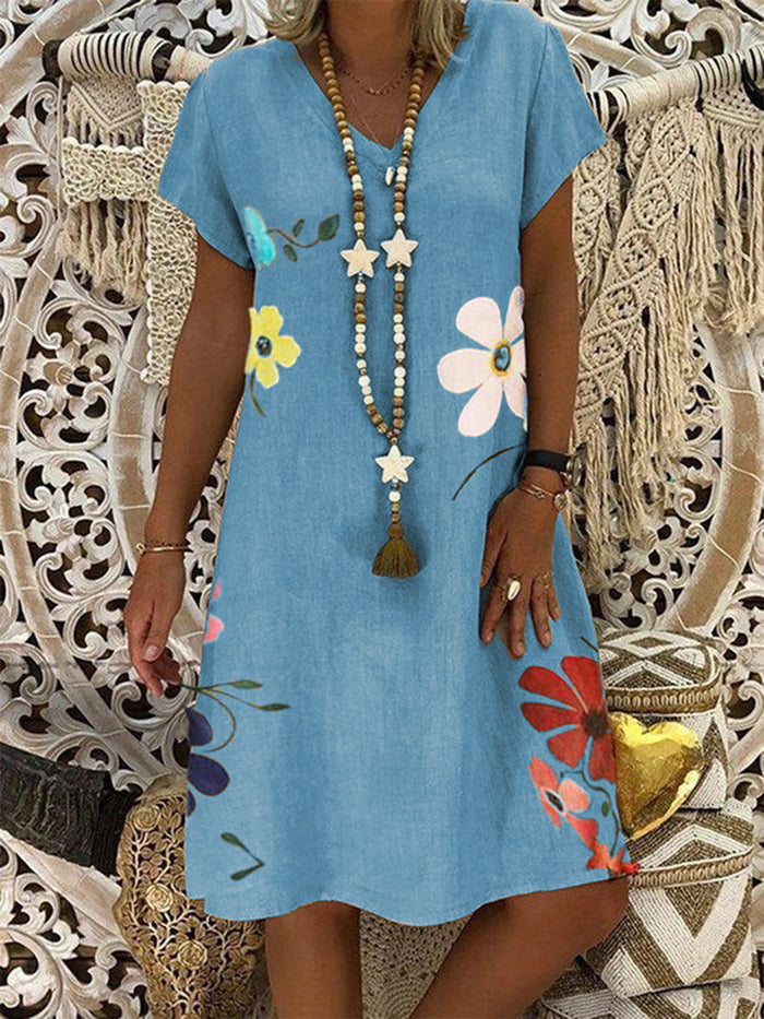 Casual Loose V-Neck Floral Dress