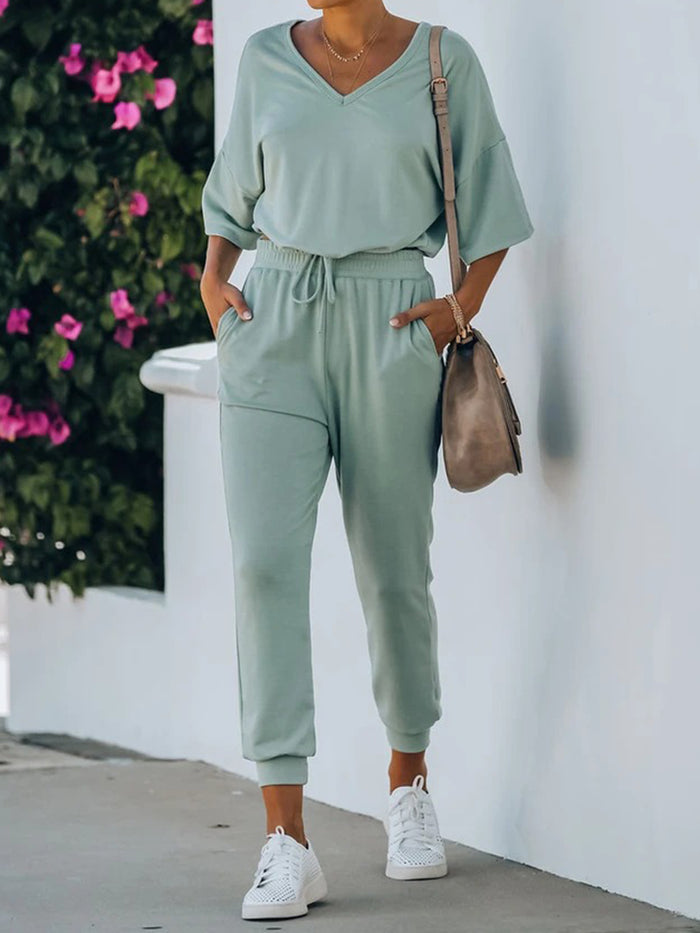 Casual Loose V-Neck Short Sleeve Top Pants Suit