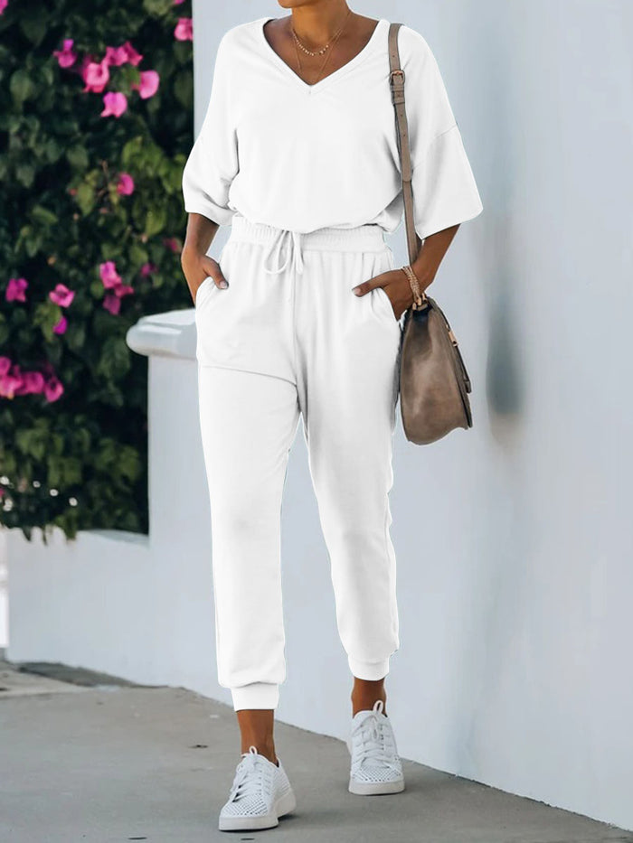 Casual Loose V-Neck Short Sleeve Top Pants Suit