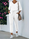 Casual Loose V-Neck Short Sleeve Top Pants Suit
