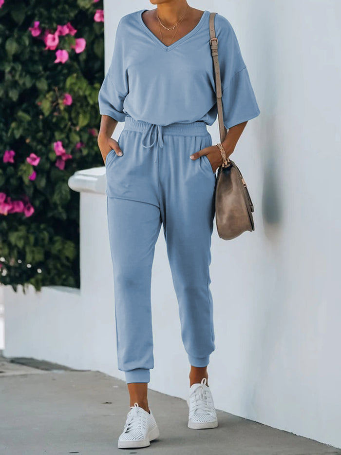 Casual Loose V-Neck Short Sleeve Top Pants Suit