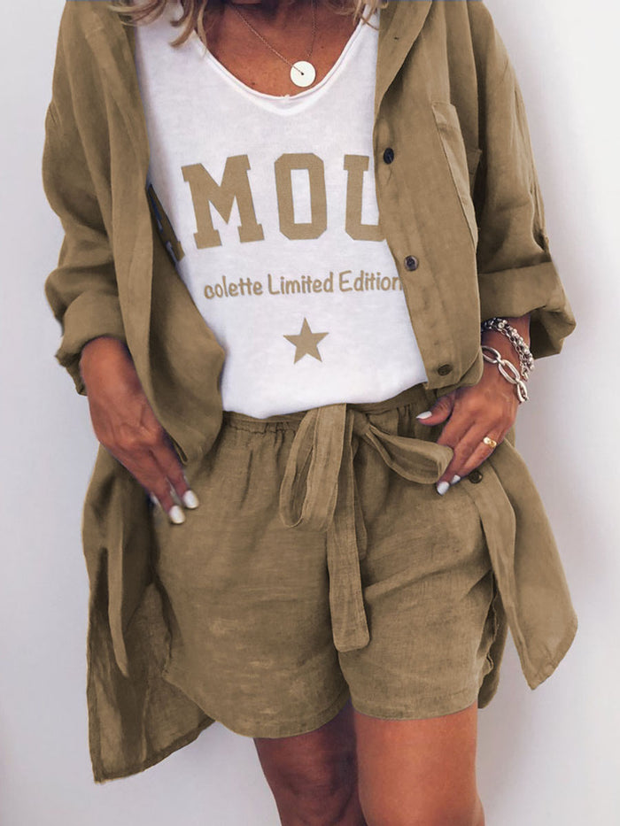 Casual Loose V-Neck T-Shirt Shorts Shirt Three-Piece Suit