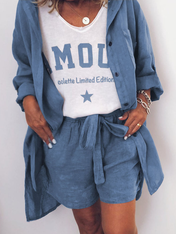 Casual Loose V-Neck T-Shirt Shorts Shirt Three-Piece Suit