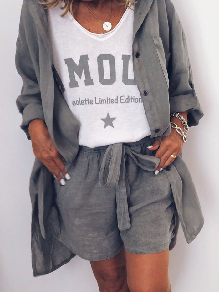 Casual Loose V-Neck T-Shirt Shorts Shirt Three-Piece Suit