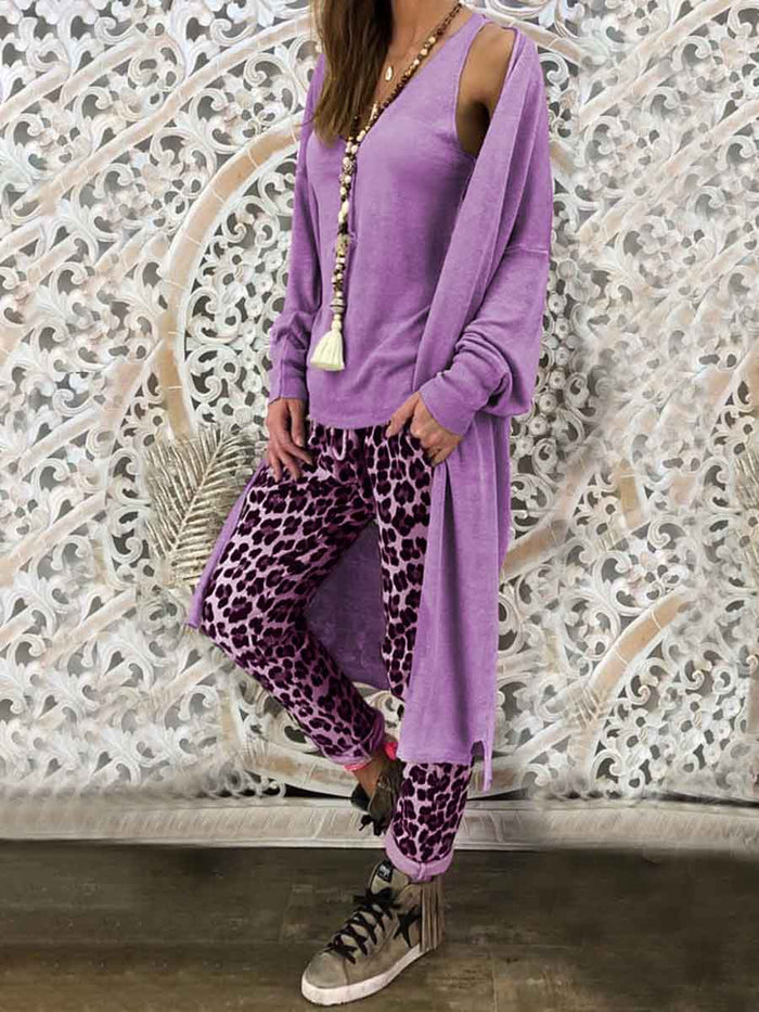 Casual Loose V-Neck Top Leopard-Print Pants Coat Three-Piece Suit