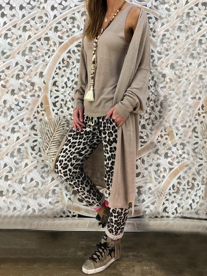 Casual Loose V-Neck Top Leopard-Print Pants Coat Three-Piece Suit