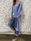 Casual Loose V-Neck Top Leopard-Print Pants Coat Three-Piece Suit