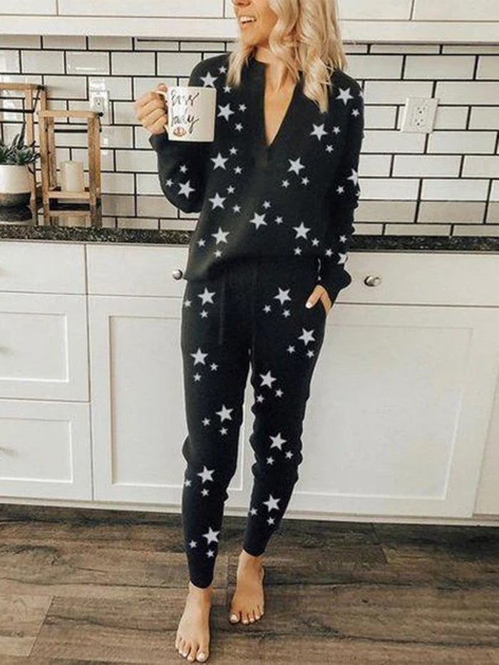 Casual Loose V-Neck Top Pants Starry Sky Suit