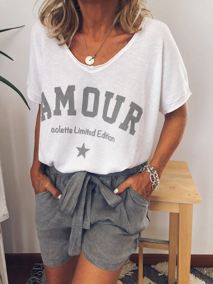 Casual Loose V-Neck Top Shorts Set