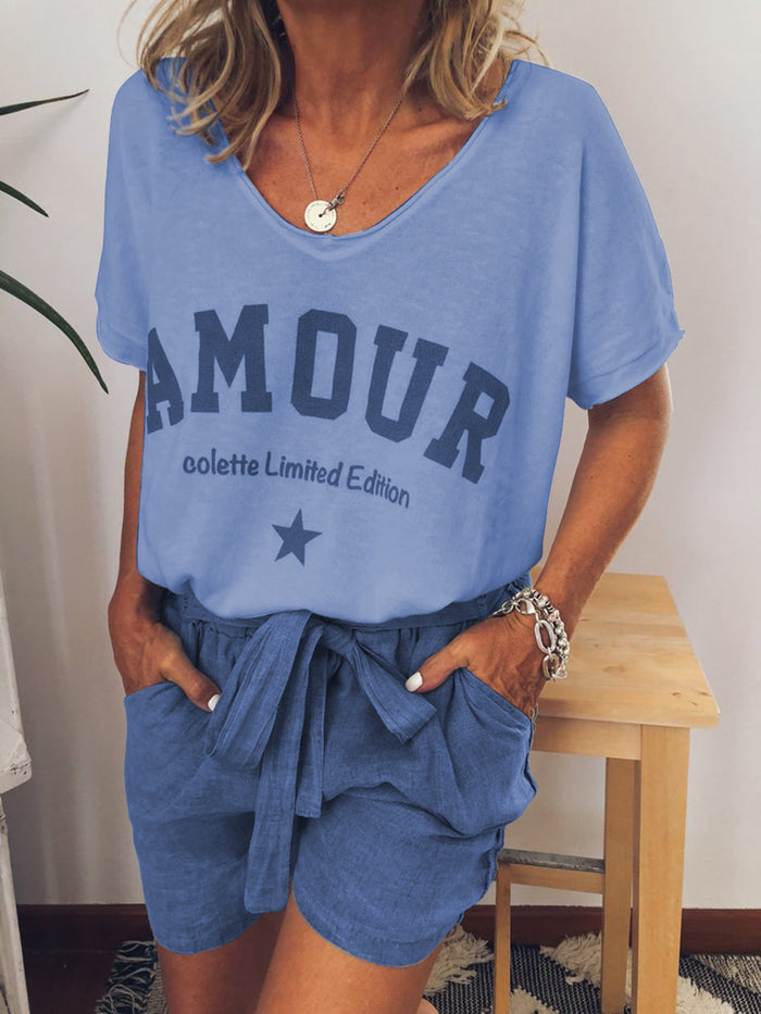 Casual Loose V-Neck Top Shorts Set