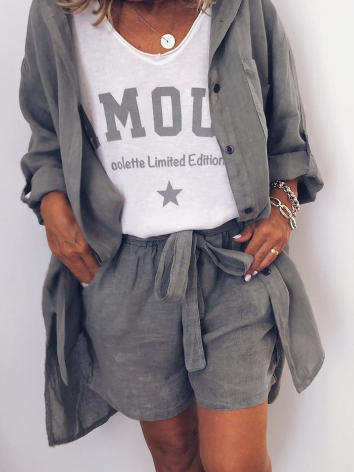 Casual Loose V-Neck Top Shorts Set