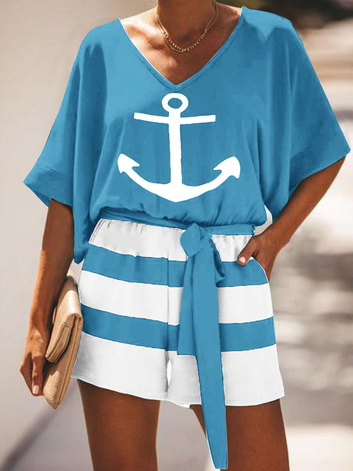 Casual Loose V-Neck Top Striped Shorts Suit