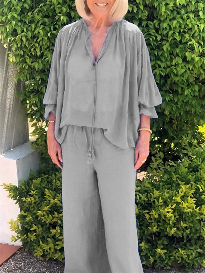 Casual Loose V-Neck Top Trouser Suit