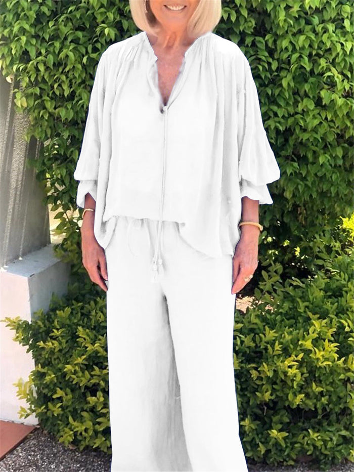 Casual Loose V-Neck Top Trouser Suit