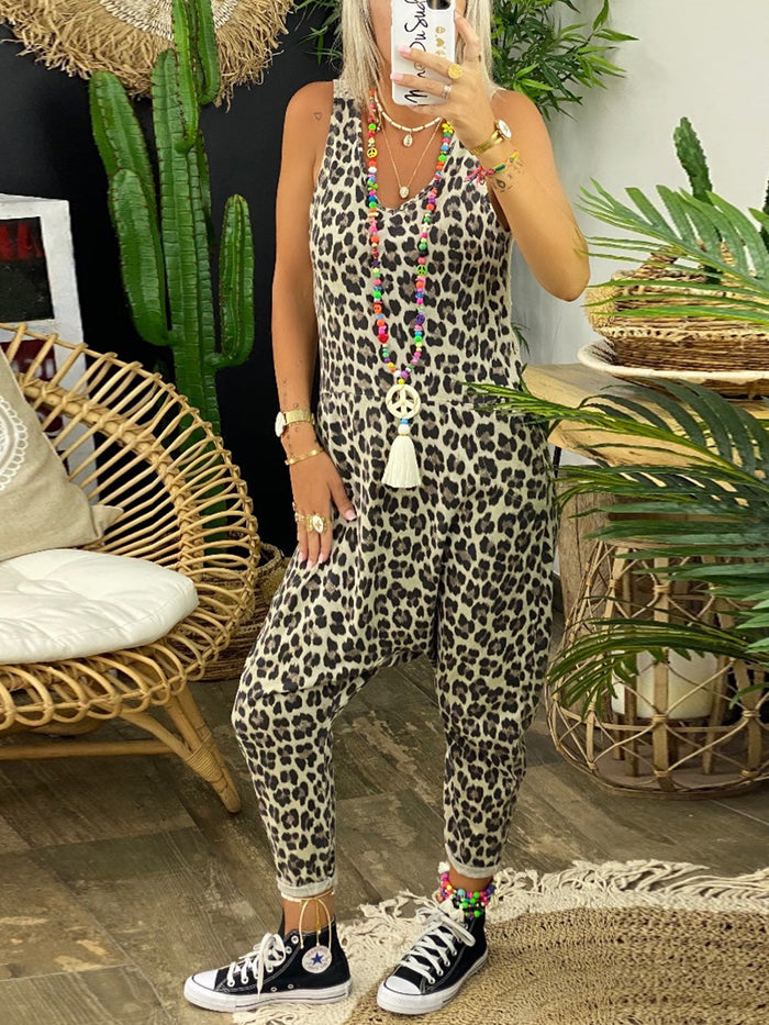 Casual Retro Loose Leopard Jumpsuit
