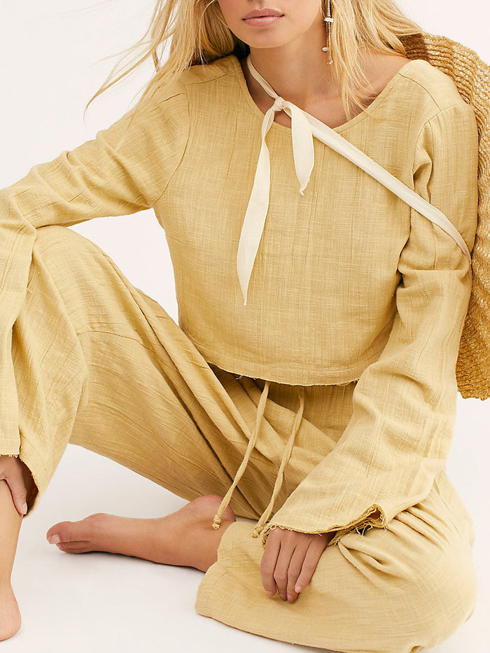 Casual Round Neck Linen Tops Loose Trousers Two Piece Set