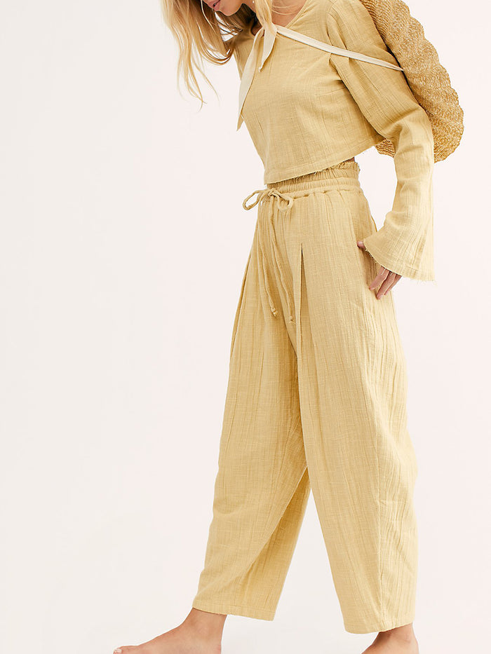 Casual Round Neck Linen Tops Loose Trousers Two Piece Set