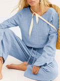 Casual Round Neck Linen Tops Loose Trousers Two Piece Set