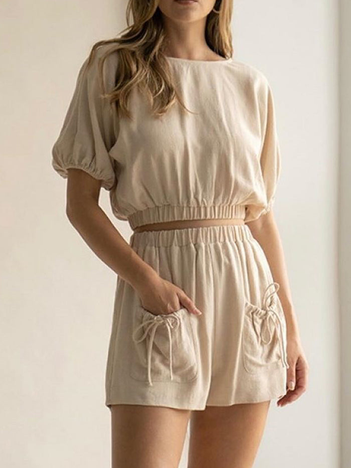 Casual Round Neck Short Sleeve Solid Color Two-piece Suit