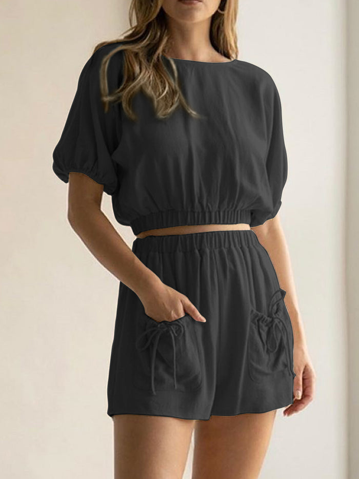 Casual Round Neck Short Sleeve Solid Color Two-piece Suit