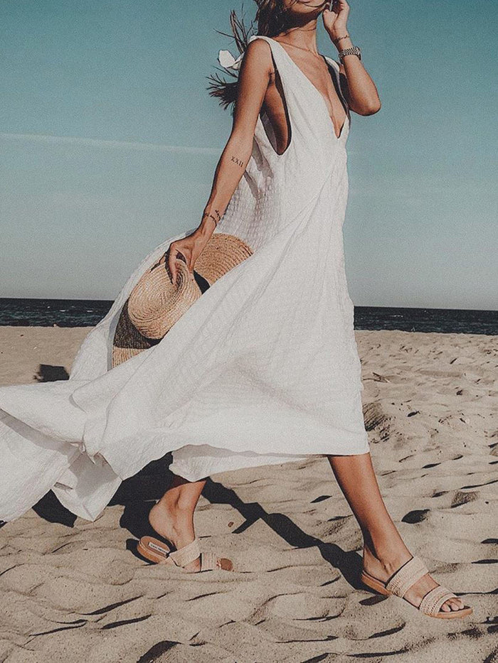 Casual Sexy Deep V-neck Pure Color Maxi Dress for Summer