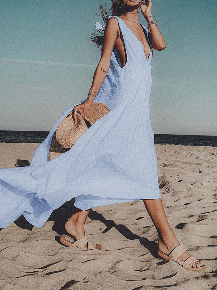 Casual Sexy Deep V-neck Pure Color Maxi Dress for Summer
