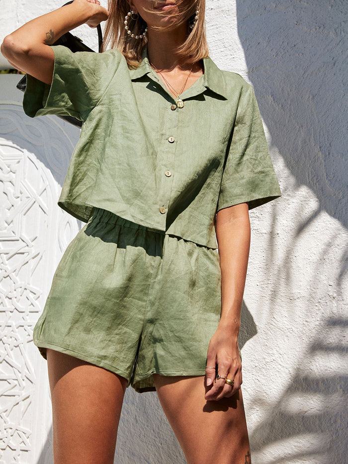 Casual Solid Color Loose Short-sleeved Shirt Shorts Two-piece Suit