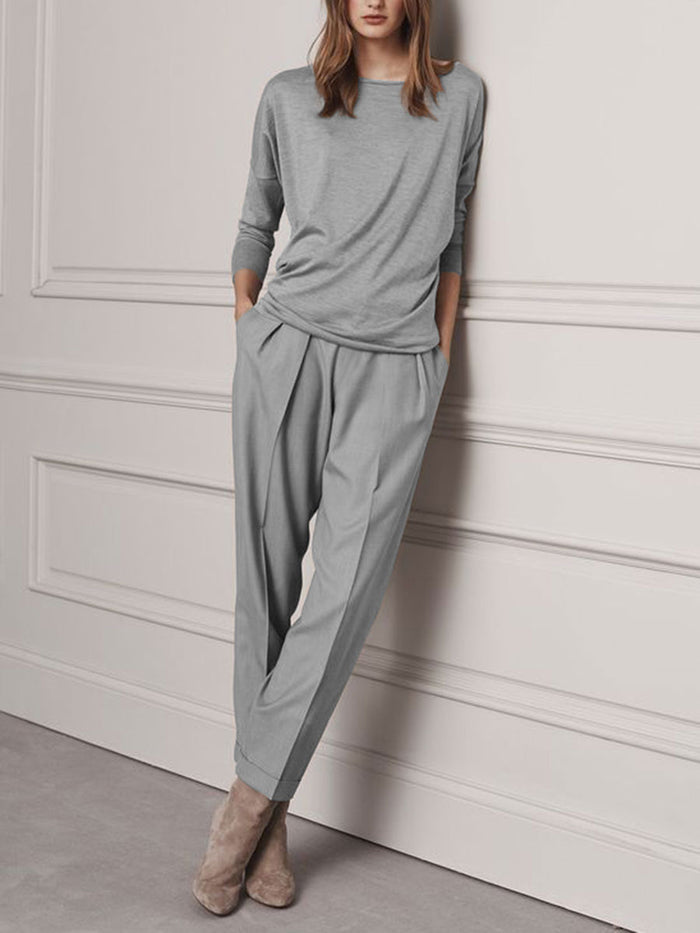 Casual Solid Color Round Neck Two-piece Suit