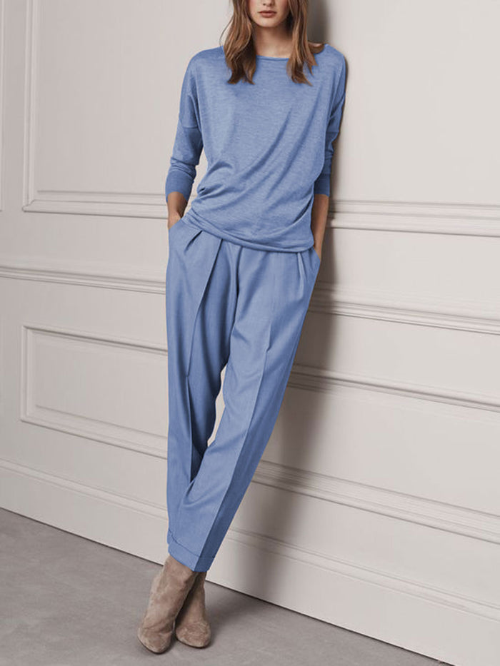 Casual Solid Color Round Neck Two-piece Suit