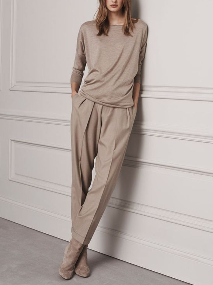 Casual Solid Color Round Neck Two-piece Suit