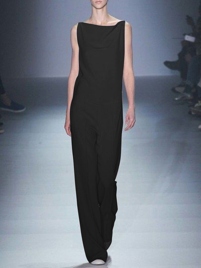 Casual Solid Color Sleeveless Round Neck Jumpsuit
