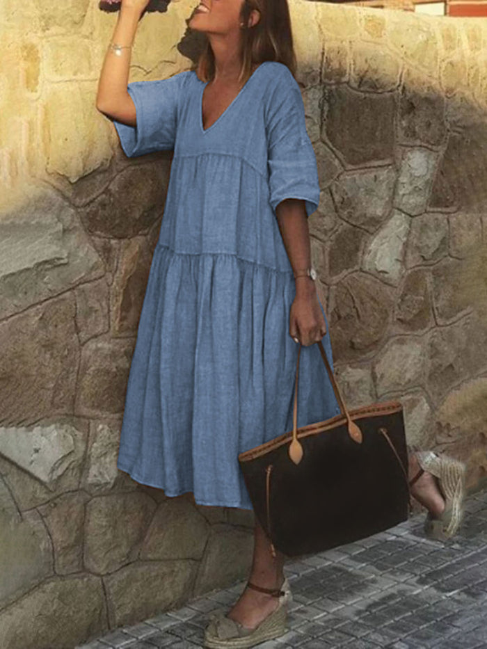 Casual Solid Color V-neck Dress