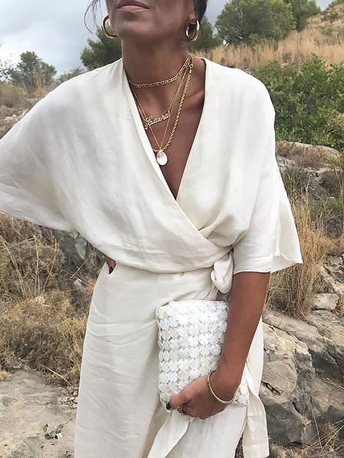 Casual Solid Color V-neck Tunic Dress