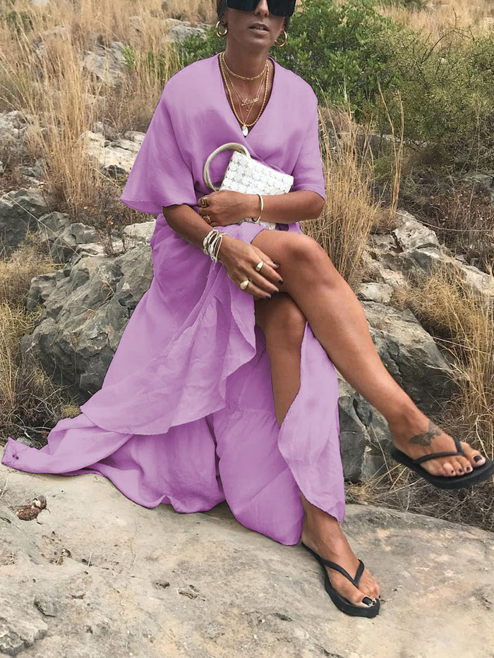 Casual Solid Color V-neck Tunic Dress