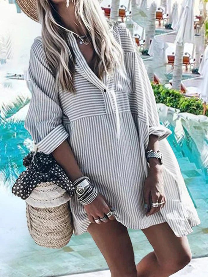 Casual Striped Button Long Sleeves Mini Dress