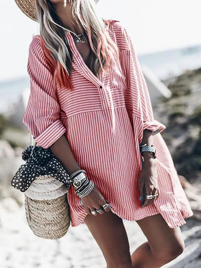 Casual Striped Button Long Sleeves Mini Dress