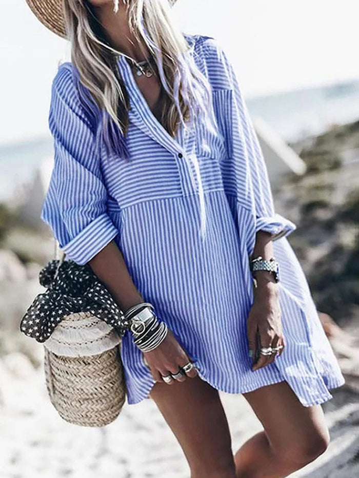 Casual Striped Button Long Sleeves Mini Dress
