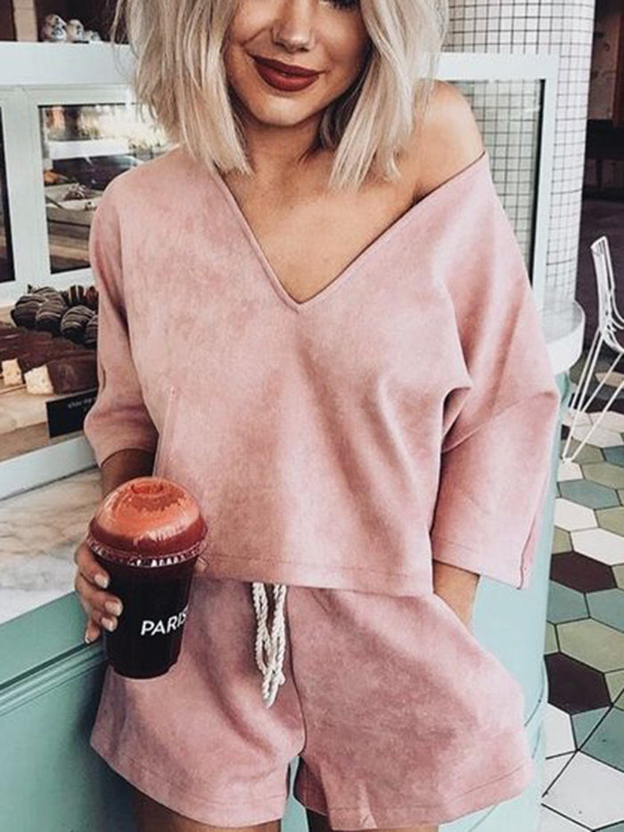 Casual V-neck Lace Solid Color Suit