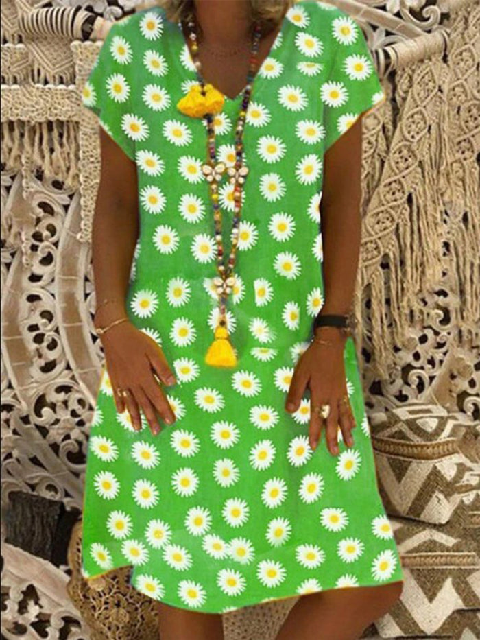Casual V-neck Little Chrysanthemum Print Dress