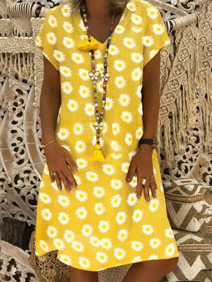 Casual V-neck Little Chrysanthemum Print Dress