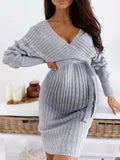 Casual V-Neck Long Sleeve Plain Knit Bodycon Maternity Dress