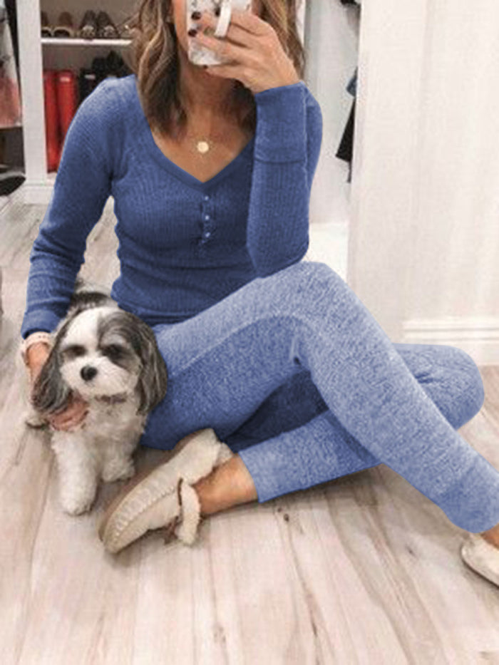 Casual V-neck Solid Color Slim Two-piece Suit