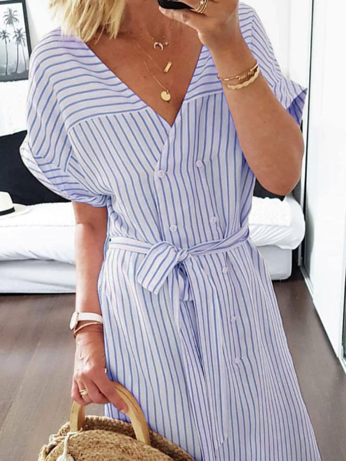 Casual V-neck Striped Double-breasted Dress