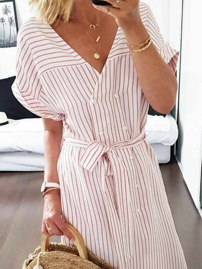 Casual V-neck Striped Double-breasted Dress
