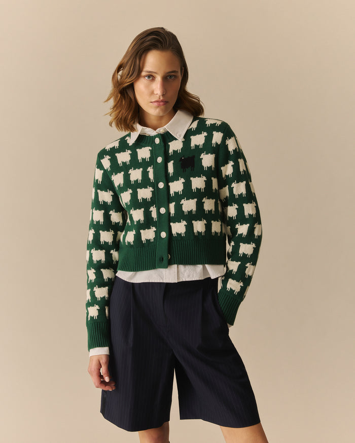 Charlotte Cotton Cropped Sheep Cardigan Green Green / XL