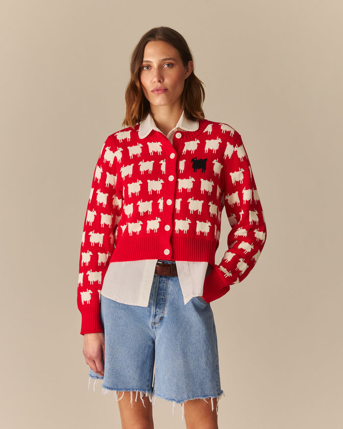 Charlotte Cotton Cropped Sheep Cardigan RED Red / XL