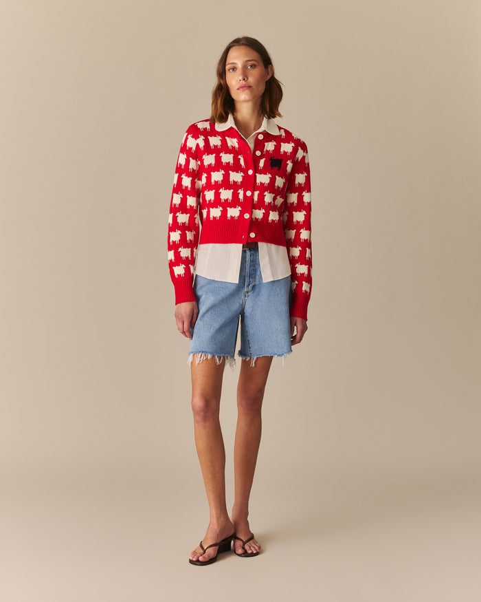Charlotte Cotton Cropped Sheep Cardigan RED Red / XL
